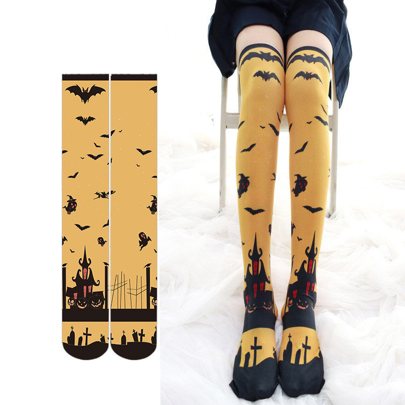BAT PRINT STRIPED VELVET OVER THE KNEE SOCKS UB3275