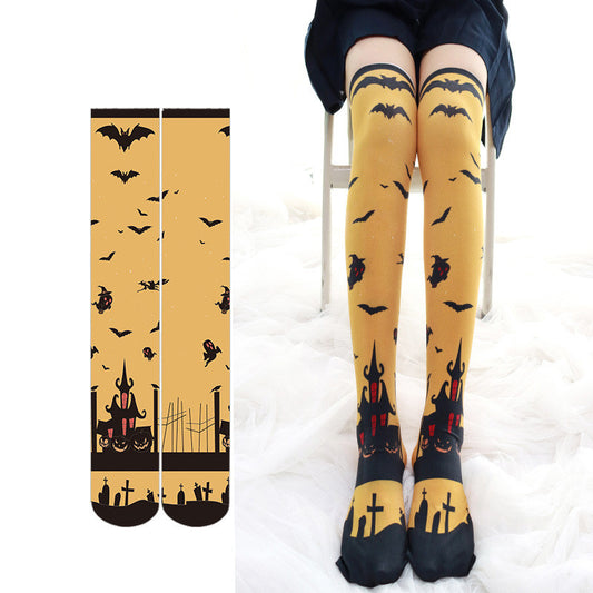 BAT PRINT STRIPED VELVET OVER THE KNEE SOCKS UB3275