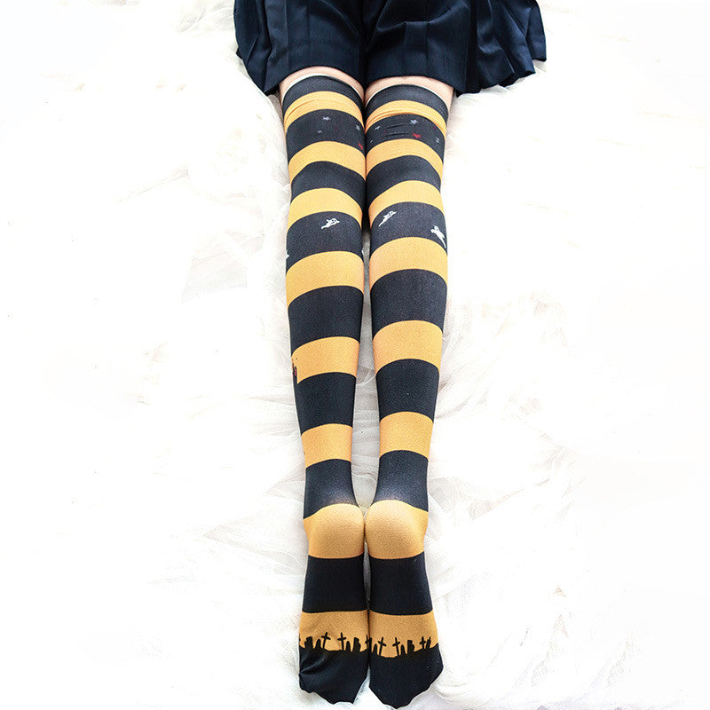 BAT PRINT STRIPED VELVET OVER THE KNEE SOCKS UB3275