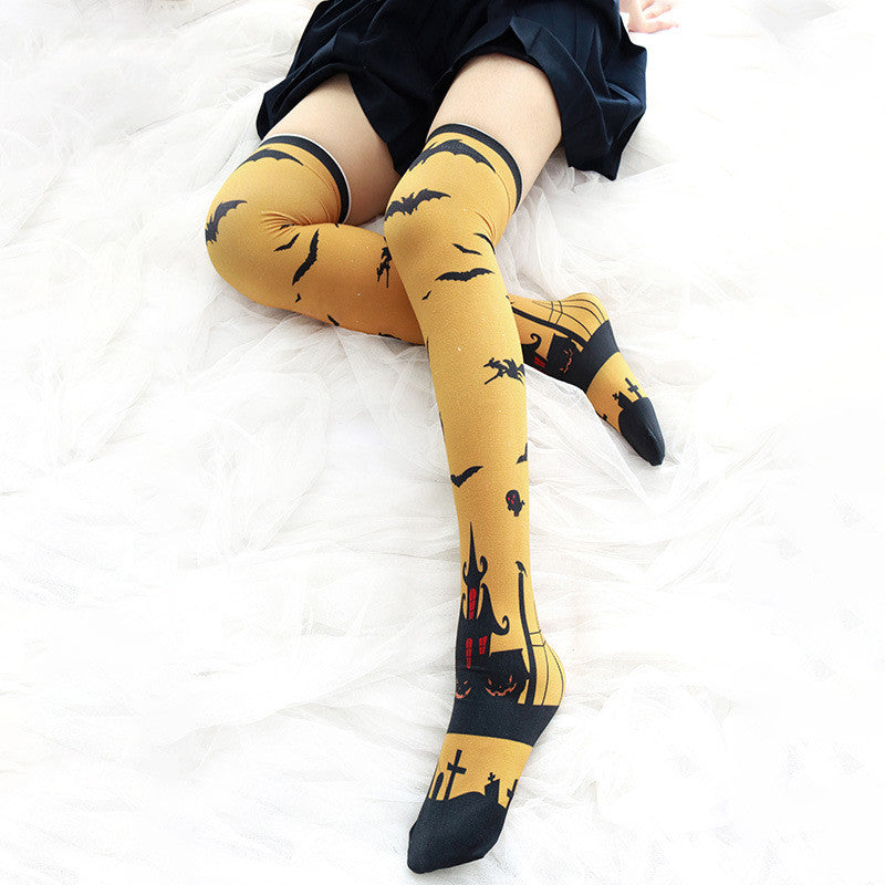 BAT PRINT STRIPED VELVET OVER THE KNEE SOCKS UB3275