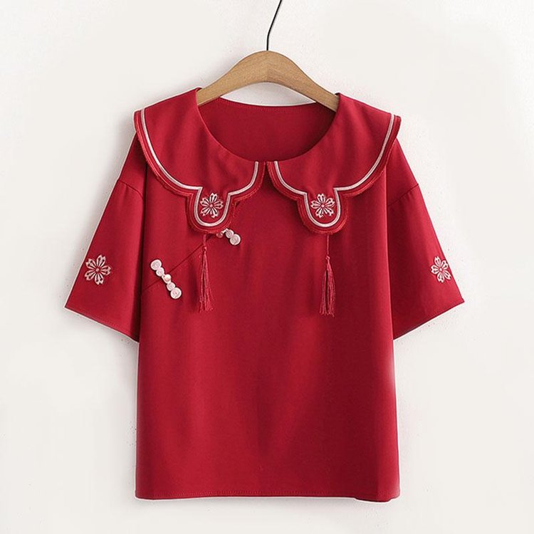 Chinese Style Hanfu Elements Flower Embroidery T-shirt Skirt Set Tassel UB6311