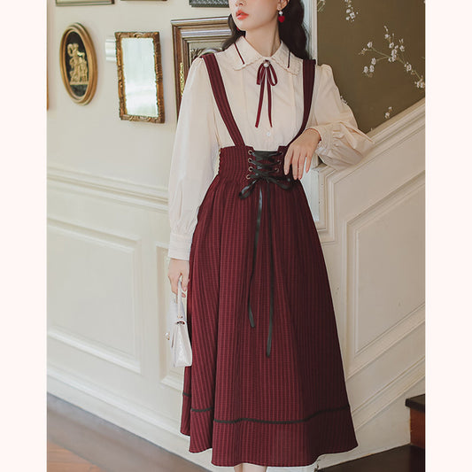 "LACE SHIRT & STRIPED SUSPENDER SKIRT" SET N102204