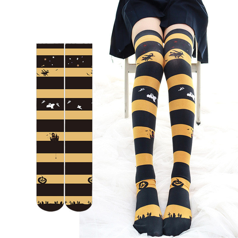 BAT PRINT STRIPED VELVET OVER THE KNEE SOCKS UB3275