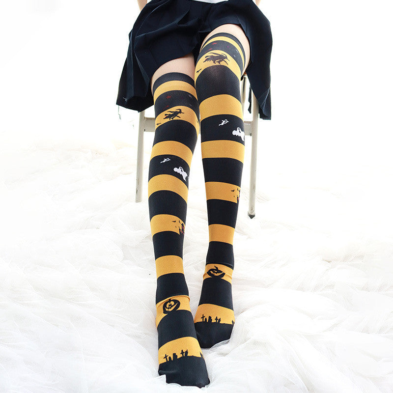BAT PRINT STRIPED VELVET OVER THE KNEE SOCKS UB3275