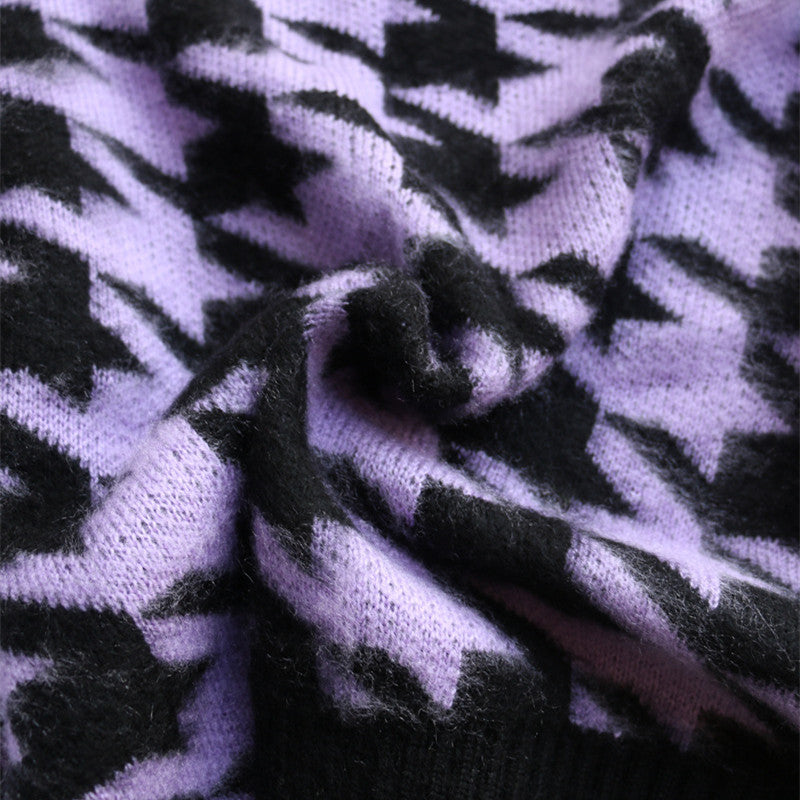 [@izabela_zabielska]"PURPLE BLACK HOUNDSTOOTH FURRY KNIT" CARDIGAN N110908