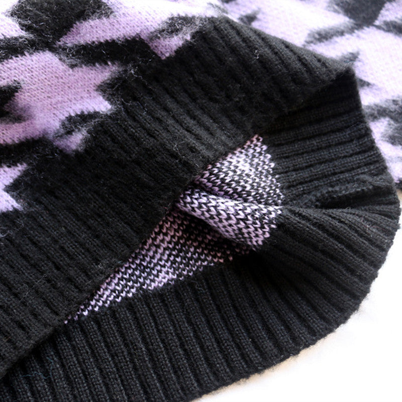 [@izabela_zabielska]"PURPLE BLACK HOUNDSTOOTH FURRY KNIT" CARDIGAN N110908