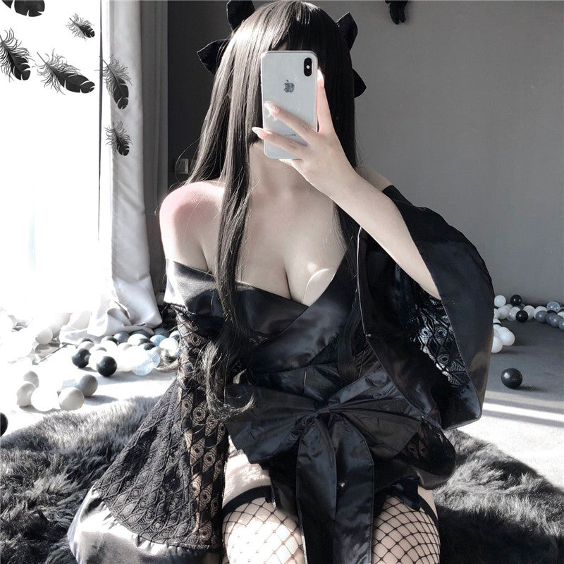 Dark Black Japanese Style Bathrobe Lingerie UB3543
