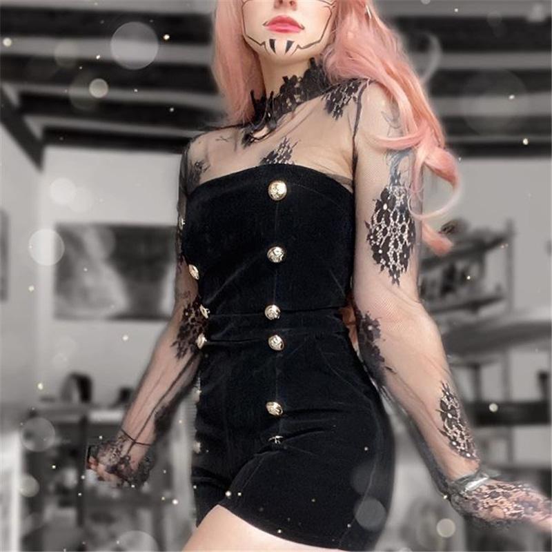 "BLACK LACE EMBROIDERED VELVET" JUMPSUITS N042404