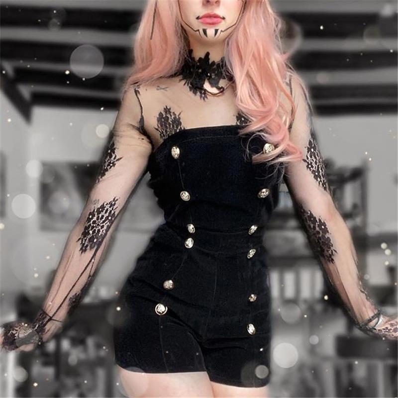 "BLACK LACE EMBROIDERED VELVET" JUMPSUITS N042404