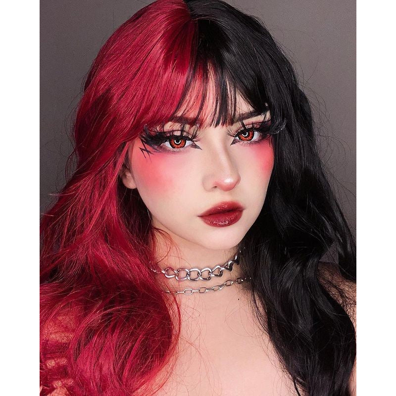 "HALF RED HALF BLACK LONG CURLY" WIG D072104