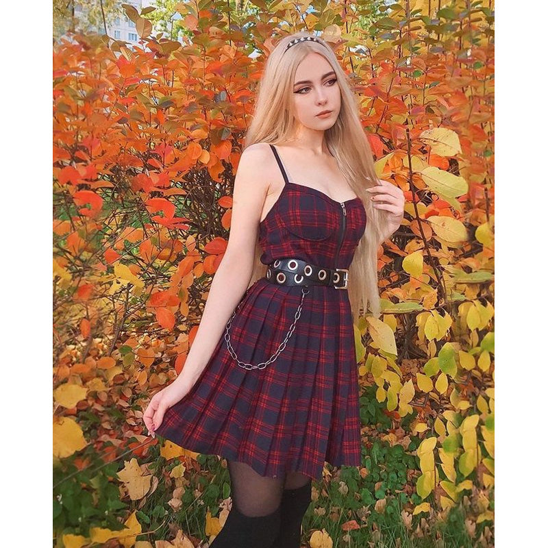 "RED BLACK PLAID PLEATED STRAP" DRESS D060503