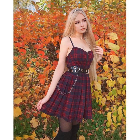 "RED BLACK PLAID PLEATED STRAP" DRESS D060503