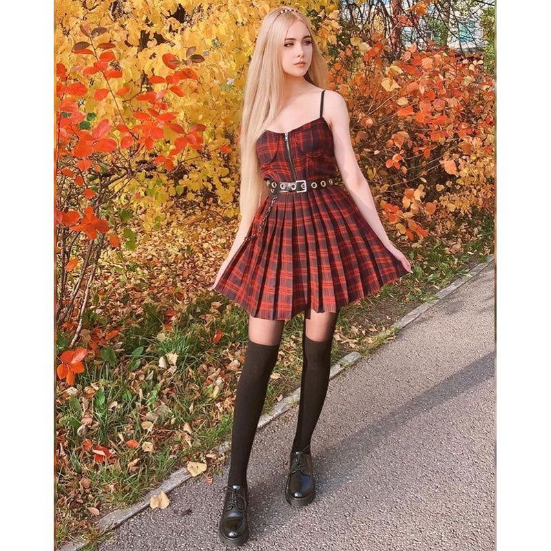 "RED BLACK PLAID PLEATED STRAP" DRESS D060503