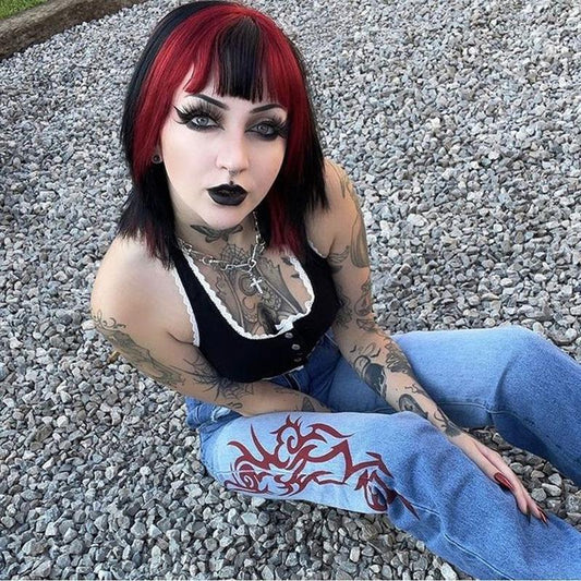 [@HORRORHAILEY] BLACK/GRAY LACE PANELED HALTER VEST UB3242