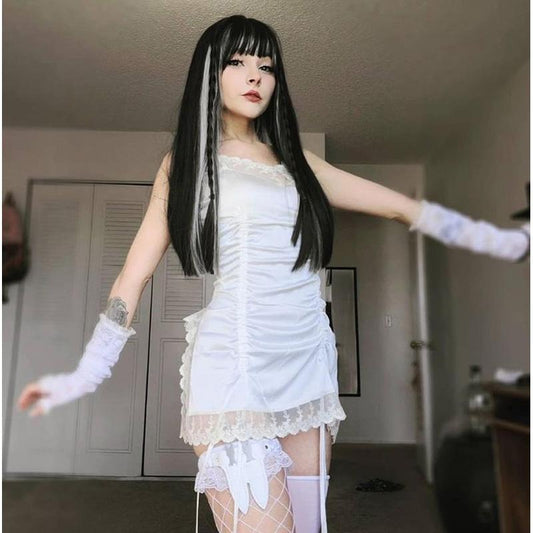 BLACK/WHITE SEXY LACE PLEATED SLIP DRESS NIGHTDRESS UB2459