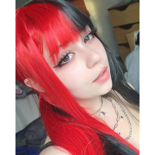 [@_sugashi ] "HALF RED HALF BLACK LOLITA LONG STRAIGHT" WIG D041801