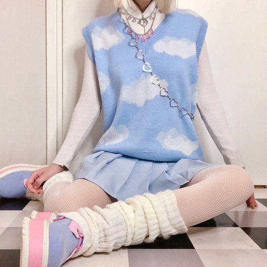 [@bubblechutea ] WHITE CLOUD JACQUARD BLUE LONG SLEEVE SWEATER/VEST UB2818