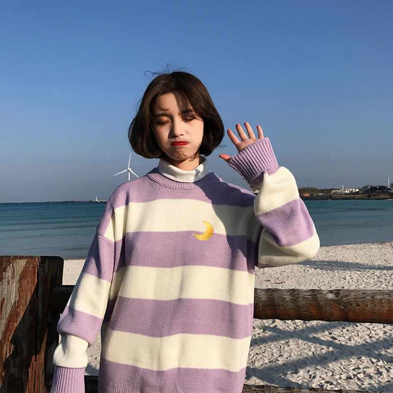 "EMBROIDERY MOON STRIPE" PULLOVER SWEATER K082807