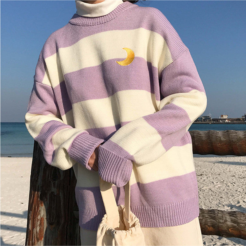 [@milkiiprincess] "EMBROIDERY MOON STRIPE" PULLOVER SWEATER K082807REVIEW