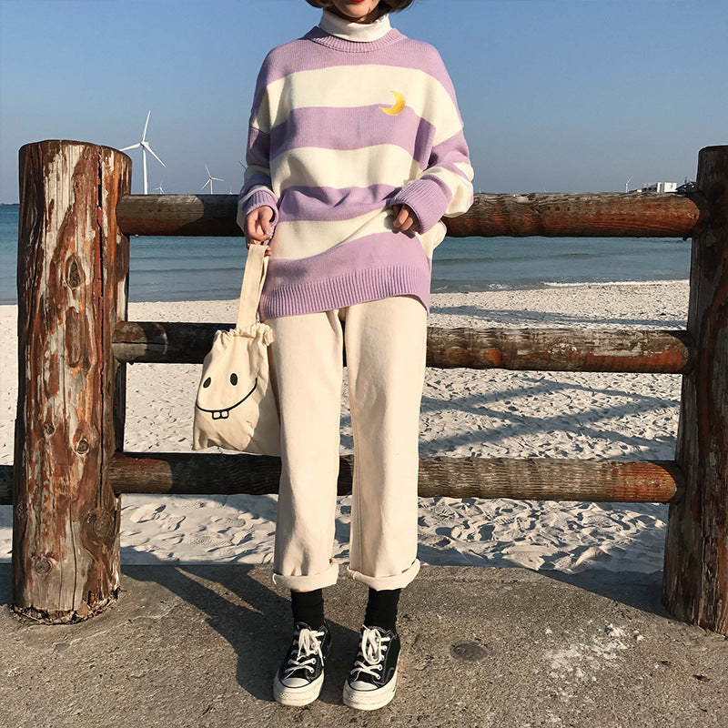 "EMBROIDERY MOON STRIPE" PULLOVER SWEATER K082807