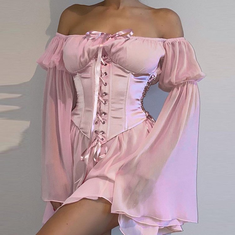 Pink Black White Off Shoulder Lace Up Dress Waistband Set UB7333