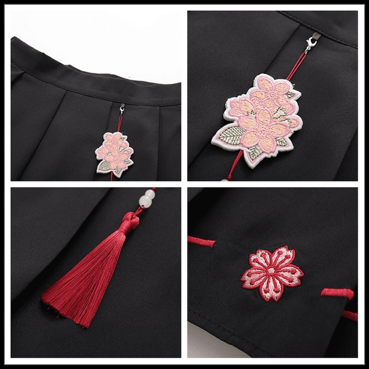 Chinese Style Hanfu Elements Flower Embroidery T-shirt Skirt Set Tassel UB6311