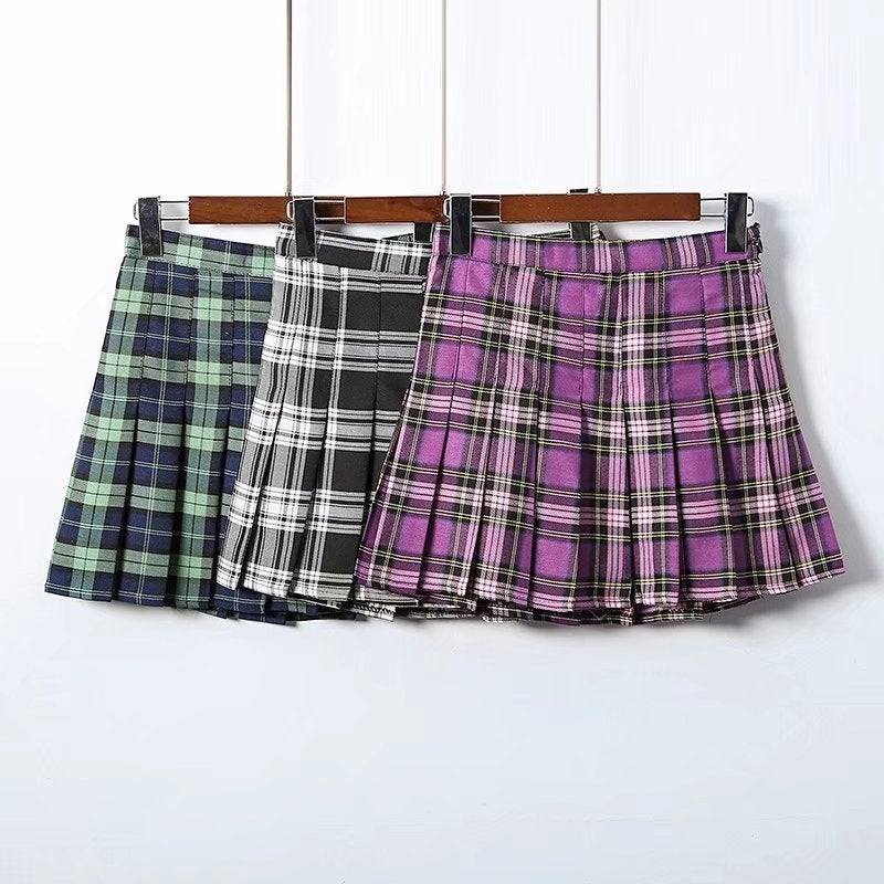 [@ferhelders] Retro Purple Gray Green Plaid High Waist Skirt W010428