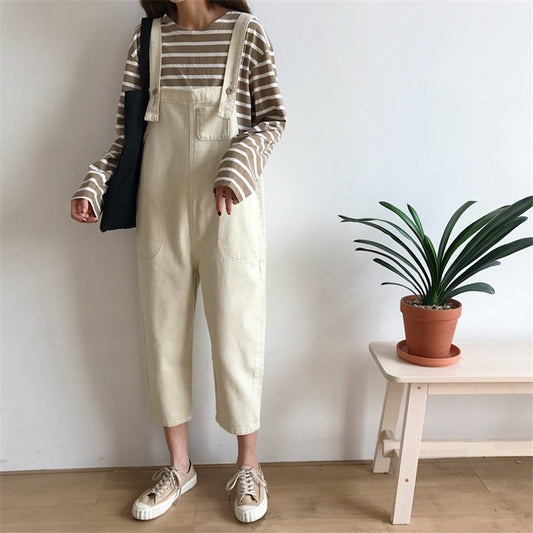 "BEIGE/BLACK DENIM" OVERALLS K090701