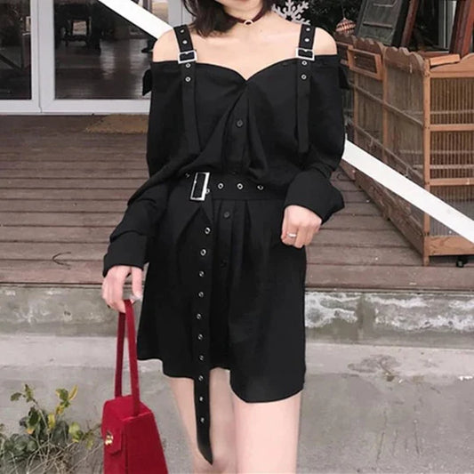 Black Gothic Off Shoulder Shirt Dress  UB96029
