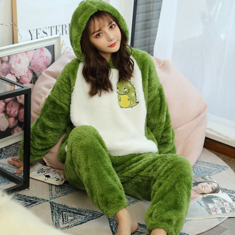 Cute Little Dinosaur Frog Coral Fleece Hooded Pajamas UB3347