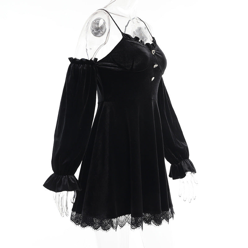 Long Sleeve Dress With Black Suspenders UB3468