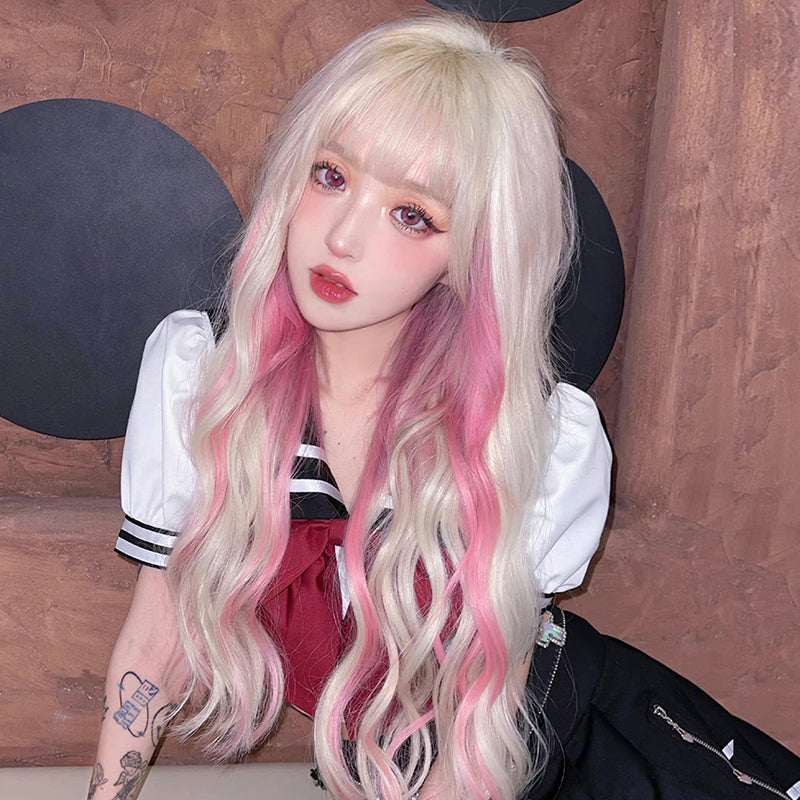 Gradient Pink Highlighting Long Curly Wig UB6127