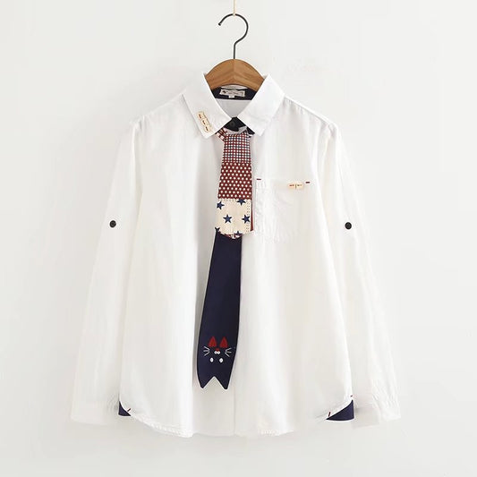 "CUTE EMBROIDERED CAT TIE" LONG SLEEVE SHIRT K102008