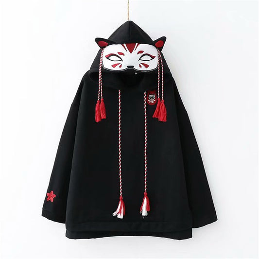 "WHITE/BLACK CUTE HARAJUKU FOX MASK FLEECES" HOODIE K092108