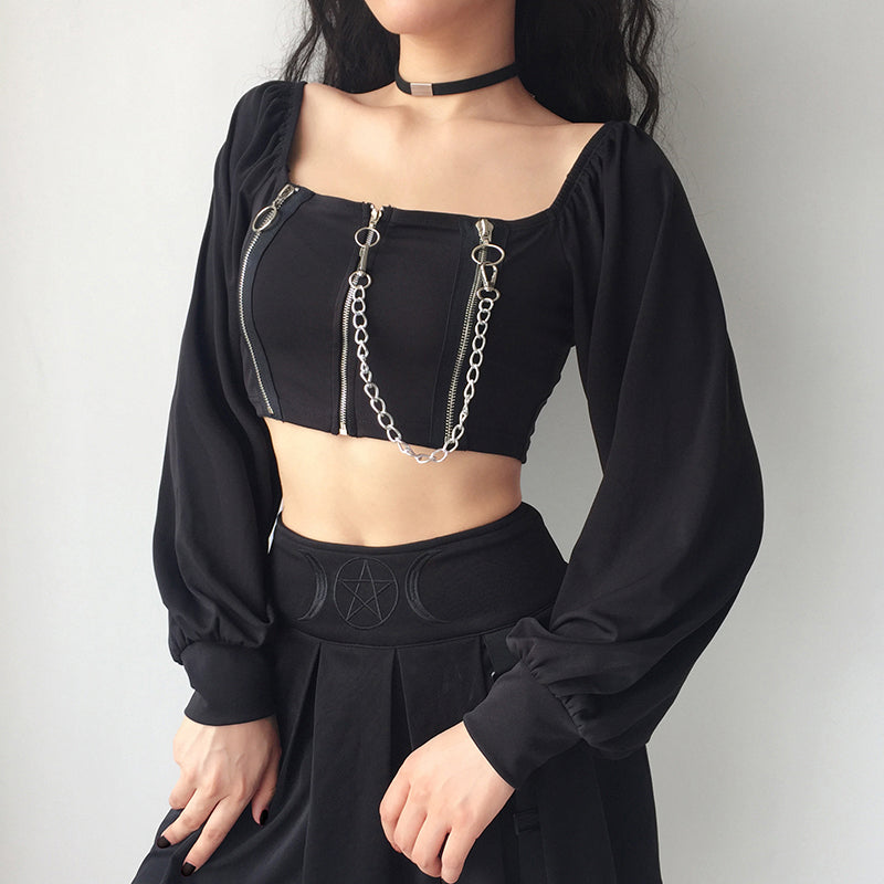 [@gothbynight] "DARK CHAIN SQUARE COLLAR PUFF SLEEVE" TOP K111608