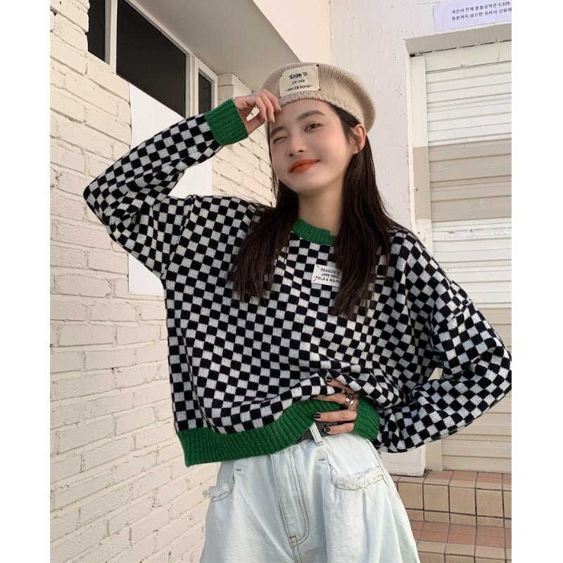 Sweater Checkerboard Plaid Short Sweater UB6161