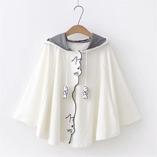 WAVY SIDE CAT FISH EMBROIDERED CAPE HOODIE UB3136