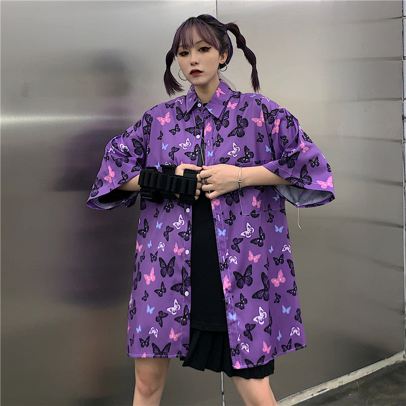 Harajuku Butterfly Purple Short Sleeve Shirt EV4132