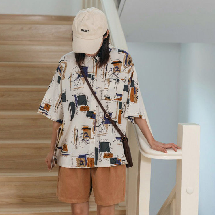 Japanese Abstract Print Short-sleeved Shirt UB6319
