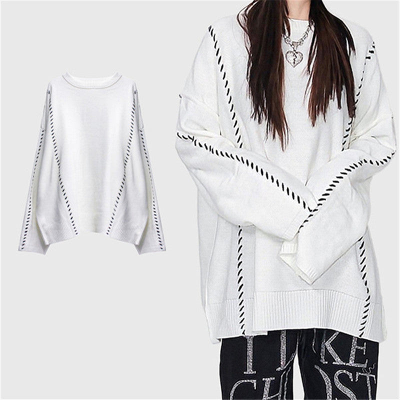 White String Stitch Pullover Sweater ER5834 – Uoobox