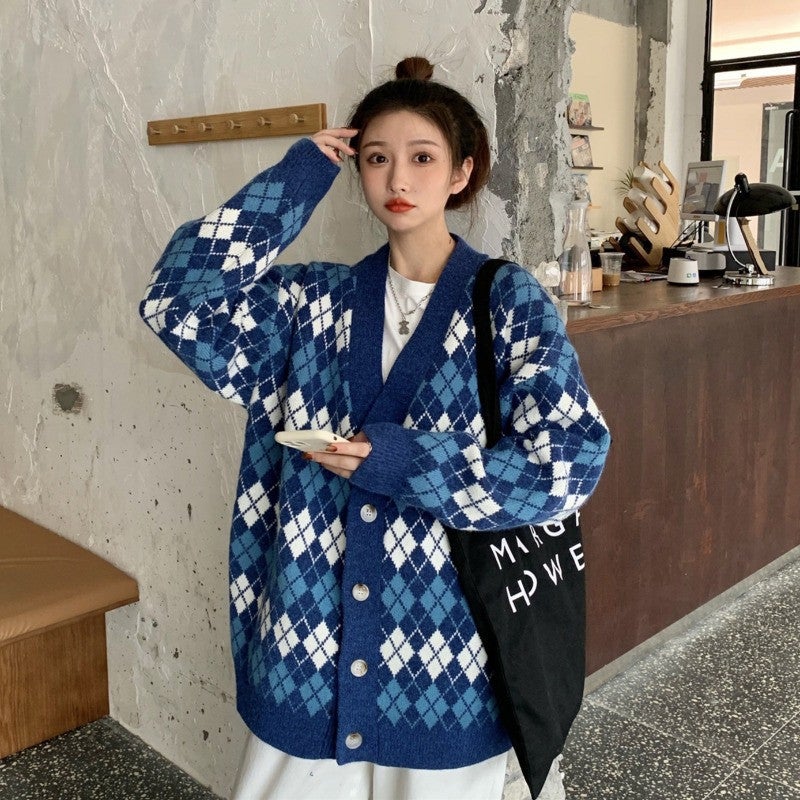 [@binxsicle] VINTAGE DIAMOND KNIT CARDIGAN UB3155