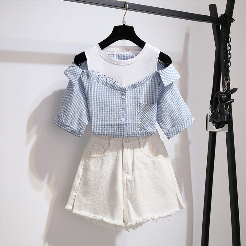 Plaid Strapless Shirt Short Pants Two piece Set UB6307