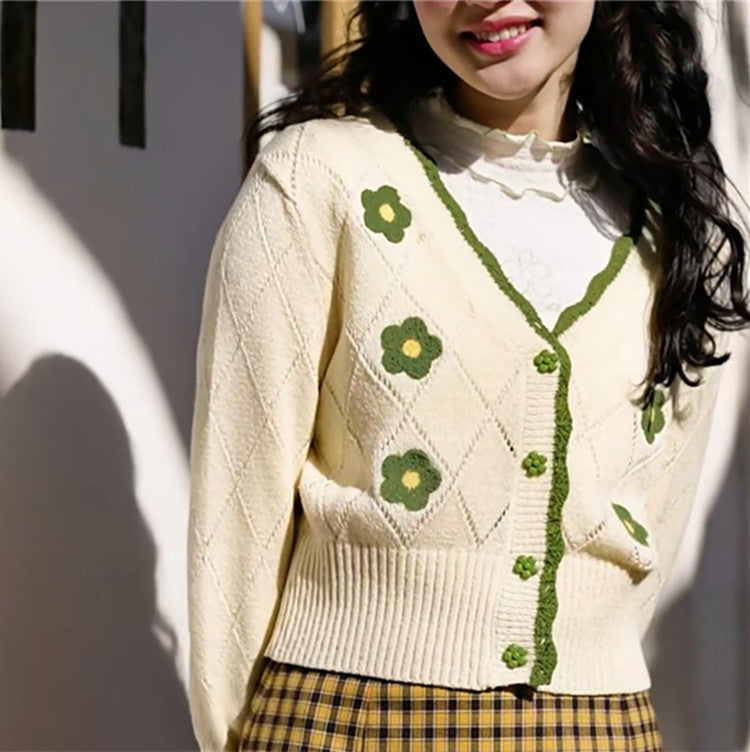 BEIGE/PURPLE CUTE FLORAL PRINT KNITTED CARDIGAN UB2715