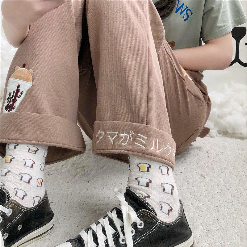 SWEET CUTE BEAR EMBROIDERY WIDE LEG PANTS UB3401