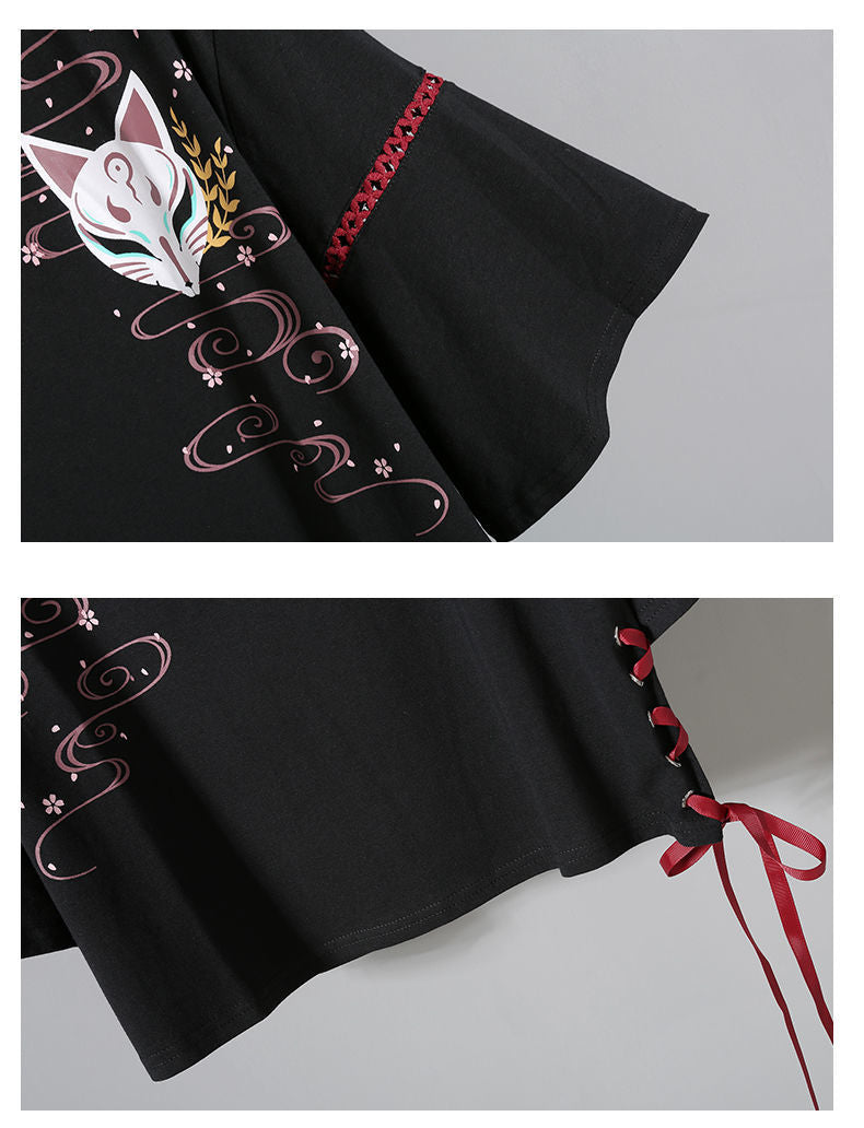 Vintage Harajuku Sakura Fox Print Lace Up T-Shirt Skirt Set UB6309