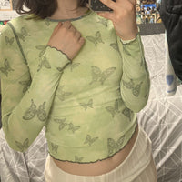Green Butterfly Print Crew Neck Long Sleeve Shirt ER5814