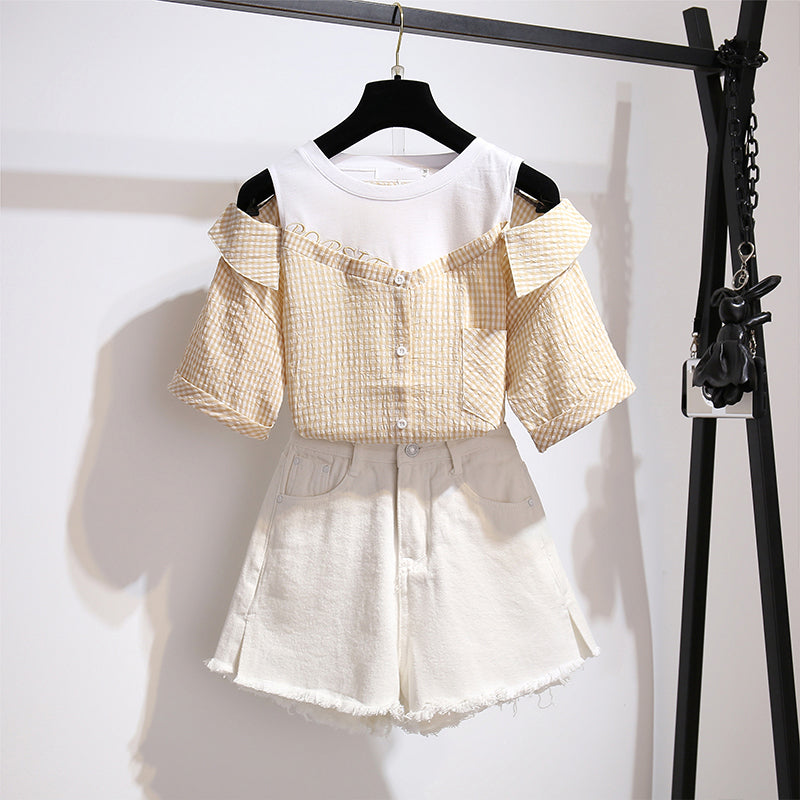Plaid Strapless Shirt Short Pants Two piece Set UB6307