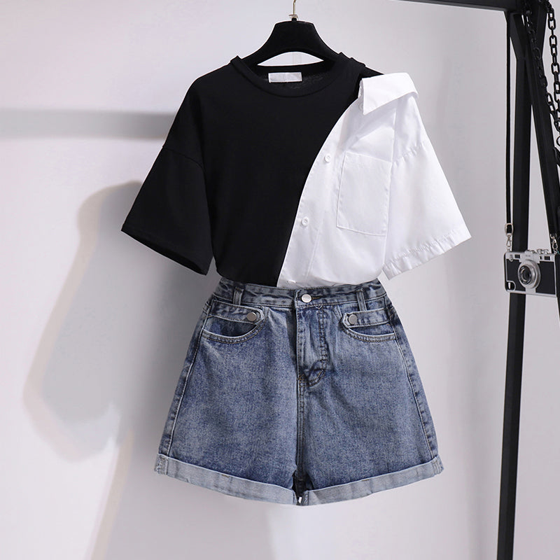 Black White Splice Strapless Shirt Short Pants Two piece Set UB6308