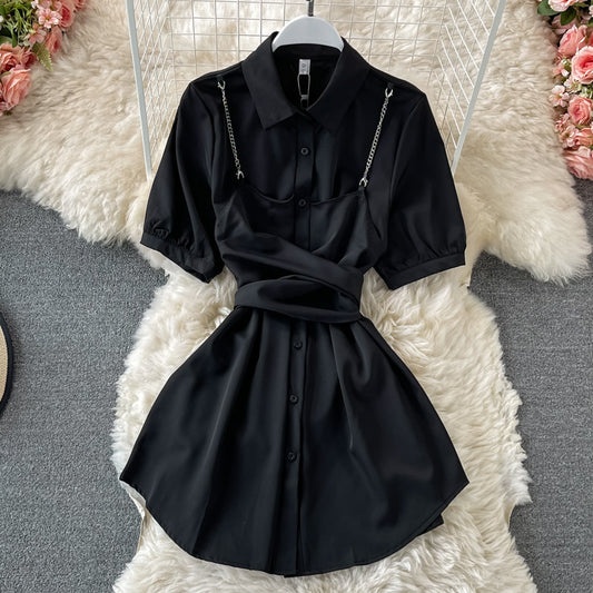 PUFF SLEEVE LACE UP SHIRT DRESS UB3186