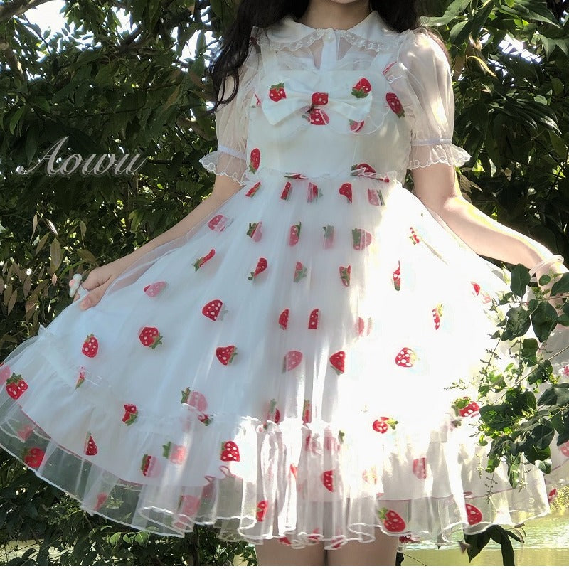 Lolita Mesh Strawberry Embroidery Bow Jsk Sling Dress UB6304